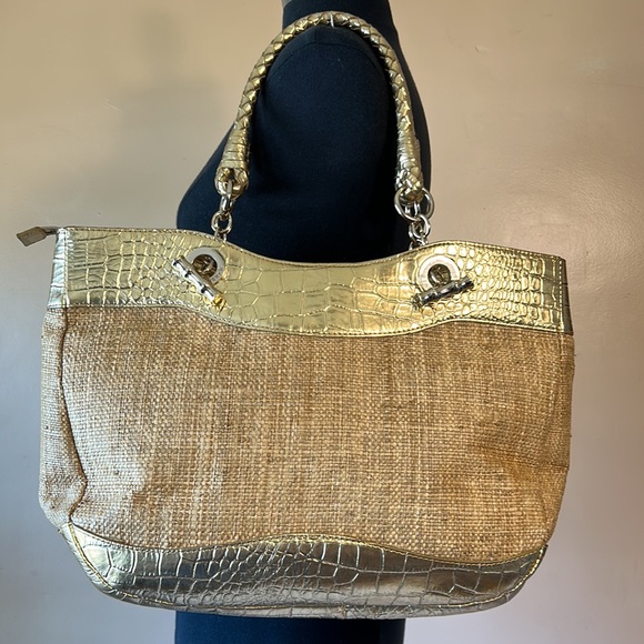 Elaine Turner Woven Straw Purse with Gold Leather Trim and Handle - Picture 3 of 9